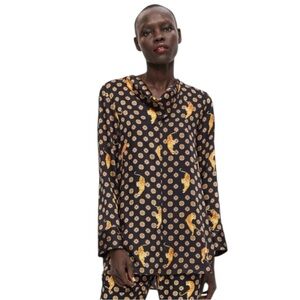 Zara Baroque Tiger Print Black Gold Geometric Blouse Size XL
